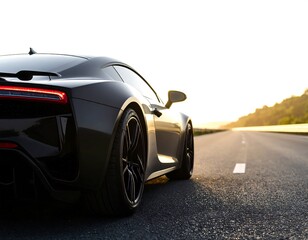 Sleek, dark-colored sports car parked on an empty highway at sunset