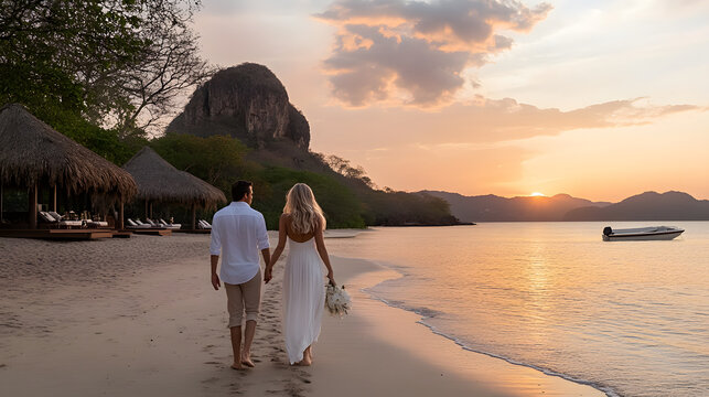 Newlyweds stroll handinhand along a sandy beach at sunset holding flowers