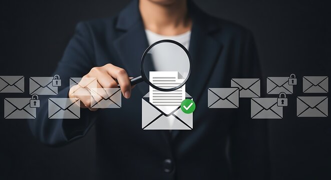 Professional checks email security with a magnifying glass, ensuring privacy and protection from cyber threats