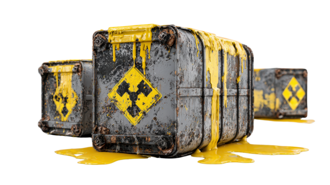 Broken hazardous waste containers leaking liquid background isolated on a Transparent background, PNG file. - Powered by Adobe