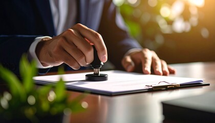 Man stamps document on wood desk. Greenery background. For contracts, legal approval or business use