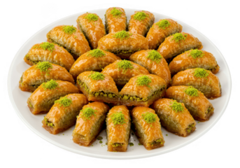 A generous platter filled with delicious golden brown baklava pastries topped with chopped pistachios isolated on transparent background