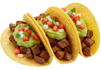 Three delicious beef tacos with guacamole and pico de gallo isolated on transparent background