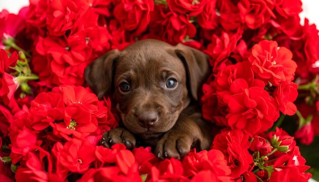 Adorable chocolate puppy nestled amongst vibrant red flowers - Powered by Adobe