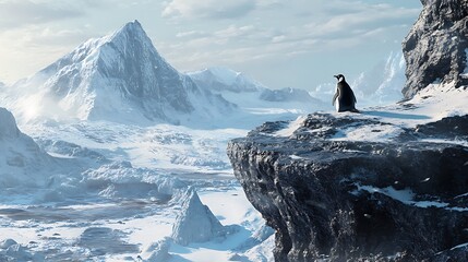 Penguin atop mountain surrounded by icy landscapes high resolution picture