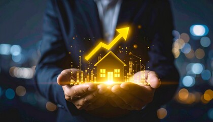 House in hands with up arrow. Financial growth, city lights background. Use Investment concept