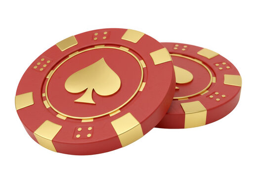 Two red and gold casino poker chips featuring a golden spade symbol isolated on transparent background
