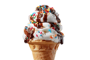 Decadent Crazy Charlie Sundae Swirl ice cream dessert with rich creamy layers, colorful swirled toppings, and glossy melting details isolated on transparent PNG background for premium cutout design