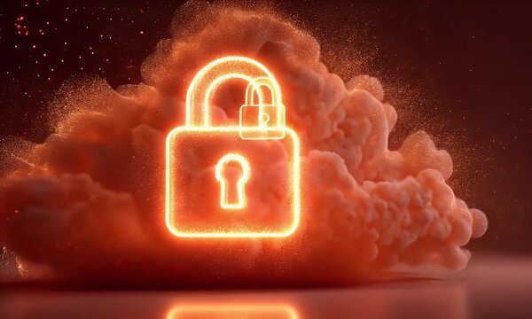 
A digital illustration of cloud security with an orange padlock and red glowing data stream on a dark background,