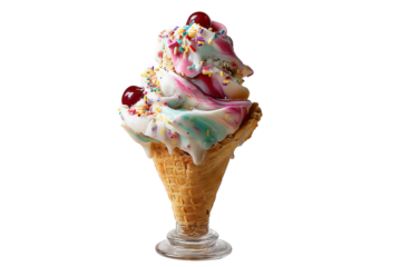 Decadent Crazy Charlie Sundae Swirl ice cream dessert with rich creamy layers, colorful swirled toppings, and glossy melting details isolated on transparent PNG background for premium cutout design