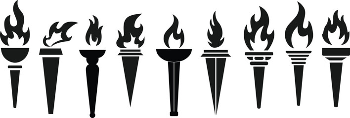 Torch Icons Collection –  Stylized Black Silhouettes of Flaming Torches with Unique Flame and Handle Designs on White Background