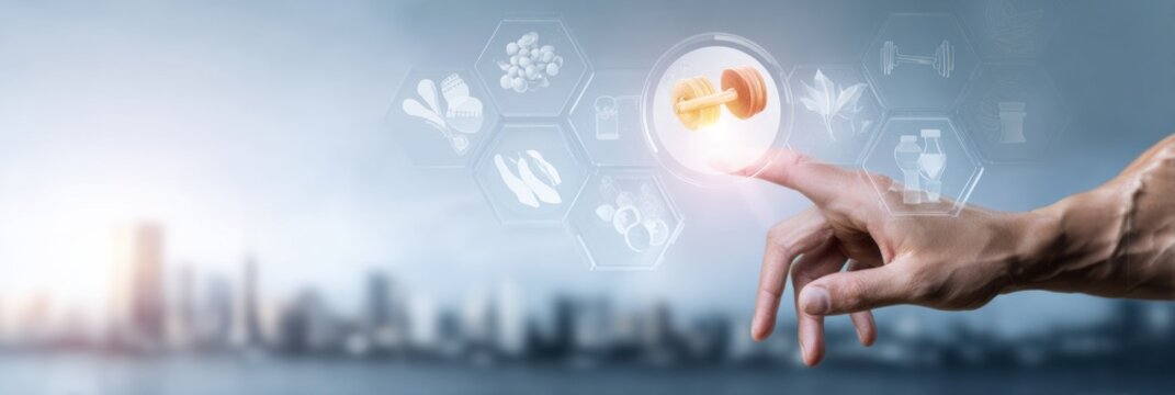 Modern High-Quality Virtual Wellness Dashboard with Hand Selecting Glowing Muscle Icon for Personalized Fitness and Health Tech Marketing Content
