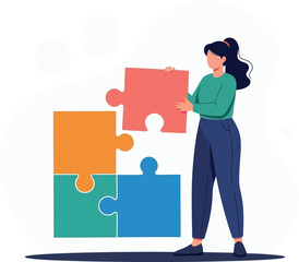 Woman placing the final puzzle piece to complete a colorful jigsaw puzzle