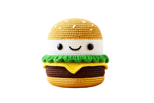 Cute Plush Hamburger Toy with Smiling Face in Bright Colors on Transparent Background