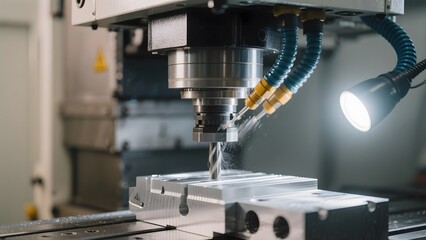 CNC Machine in Operation: Precision Drilling on Metal Workpiece