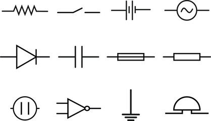 Electric Circuit Symbols Icon Set – outline vector of Resistor, Capacitor, Switch, Inductor, Lamp, Diode, Op-Amp, Ground, and Power Sources on White Background