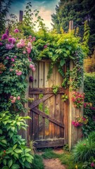 Old wooden gate with vines and flowers surrounding a small entrance to a hidden garden