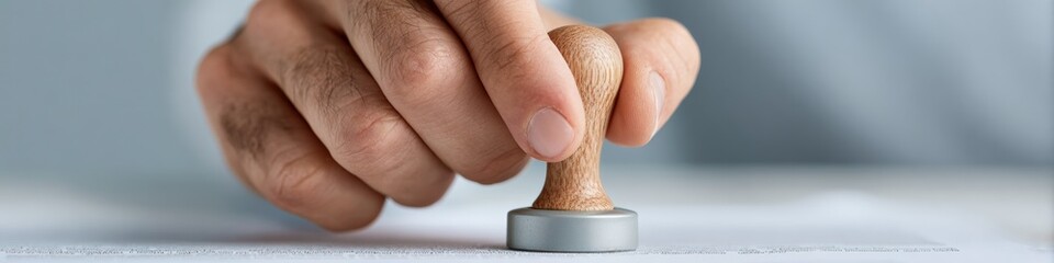 Professional man stamping approval on immigration paperwork and financial documents Authentic business contract authorization for legal and banking trust marketing