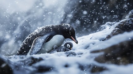Penguin bonding scene under falling icy snow high resolution picture