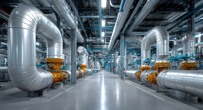 Complex network of large insulated steel pipelines and industrial valves inside a modern factory facility