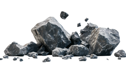 A scattered pile of gray rocks and stones isolated on white background