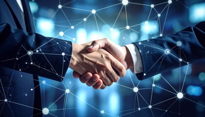 Digital handshake between two individuals, overlaid with interconnected nodes and lines to symbolize technology-enhanced partnership, cooperation, and strategic connectivity in a modern business lands
