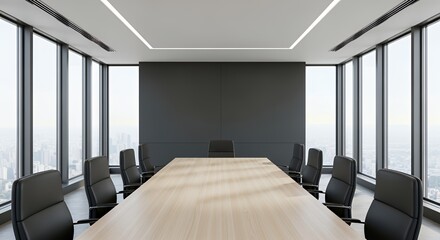 A modern, minimalist conference room with a large table and chairs offers a stunning city view through floor-to-ceiling .