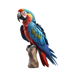 Fototapeta premium High-resolution 3D rendered image of a vibrant macaw parrot perched on a wooden branch. Presented in PNG format with transparent background, ideal for use in educational materials, wildlife-themed des