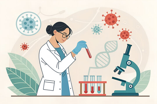 Scientist in lab coat examining test tube with viruses and dna helix in background with microscope and plants