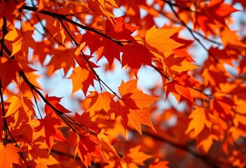 Vibrant, swirling autumn leaves in warm sunset hues, beauty, seasonal