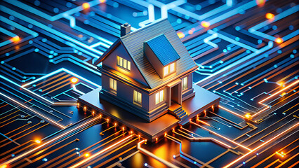 Modern smart home technology concept with a glowing house situated on a futuristic digital circuit board with glowing blue and orange lines