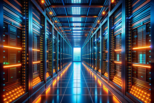 Illuminated server room corridor with glowing blue and orange lights reflecting on the floor creating a futuristic digital data center atmosphere