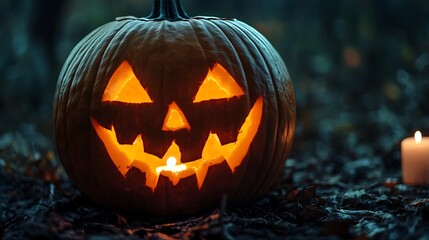 Obraz premium Spooky jack o lantern glowing in a dark forest setting