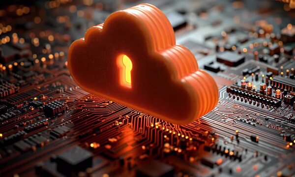 
A digital illustration of cloud security with an orange padlock and red glowing data stream on a dark background,
