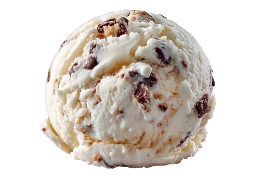 Grand Slam chocolate chip cookie dough ice cream scoop with gooey cookie chunks and rich creamy swirls, isolated on transparent PNG background for premium dessert cutout and digital food designs