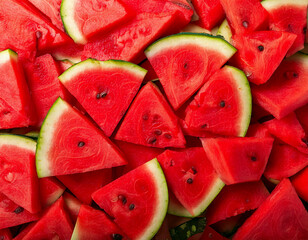 Top view of multiple triangular watermelon slices with vibrant red flesh and black seeds.