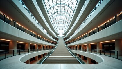 Expansive modern multi-story building atrium with sweeping curvilinear balconies and glass skylight