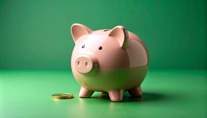 3D illustration of a green piggy bank placed on a matching green surface and background, surrounded by scattered coins&mdash;representing savings, financial management, and fiscal responsibility in a clean,