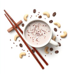 Creamy beverage with cashew and coffee, garnished with seeds, displayed with chopsticks
