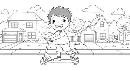 Cute boy riding a scooter on the sidewalk in front of suburban houses. Black and white line art coloring page for kids. Happy child outdoor activity illustration with trees, clouds, and neighborhood 