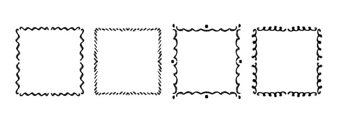 Hand drawn wavy square frame set. Black curly ribbon border collection. Vector doodled lace cadre frames. Curved squiggly border pack for invitation, wedding party, birthday, greeting design