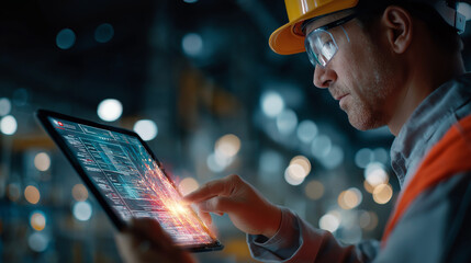 Engineer's Technological Insight: An engineer, equipped with protective gear, intently studies advanced schematics on a digital tablet, set against the dynamic industrial backdrop. 