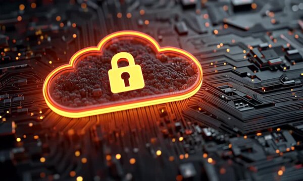 
A digital illustration of cloud security with an orange padlock and red glowing data stream on a dark background,