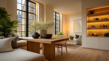 Modern Dining Room with City Views: The dining room interior is bathed in natural light, featuring a wooden dining table, decorative plants, and large windows overlooking the cityscape.