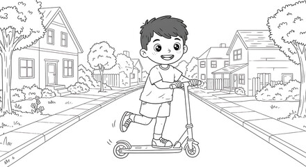 Cute boy riding a scooter on the sidewalk in front of suburban houses. Black and white line art coloring page for kids. Happy child outdoor activity illustration with trees, clouds, and neighborhood 