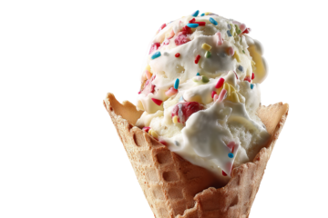 Whimsical 'Happy Happy Joy Joy' rainbow ice‑cream scoop graphic isolated on transparent PNG background, joyful dessert art perfect for playful cutout stickers, posters and digital designs