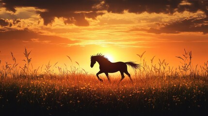 Silhouette of a horse running across an open field, backlit by a golden sunset that casts a warm glow across the landscape