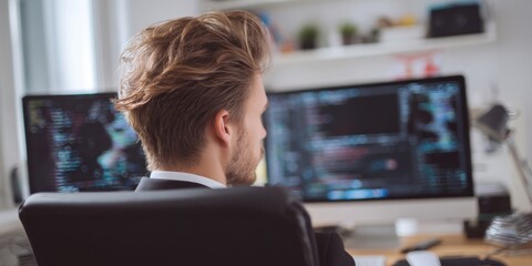 A person with stylish hair sits at a desk, focused on dual monitors displaying code and digital data in a modern workspace.
