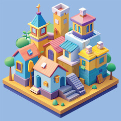 Colorful isometric cityscape illustration featuring buildings trees and charming village architecture