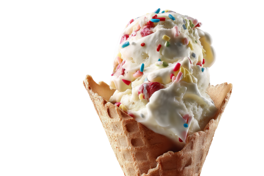 Whimsical 'Happy Happy Joy Joy' rainbow ice‑cream scoop graphic isolated on transparent PNG background, joyful dessert art perfect for playful cutout stickers, posters and digital designs